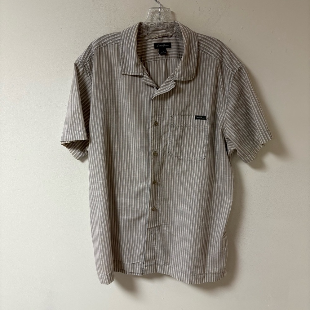 Eddie Bauer Men's Striped Tan Shirt Short Sleeve Cotton Large